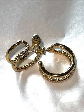 Gold-Tone Textured Double Band Open C Hoop Earrings - Women Jewelry